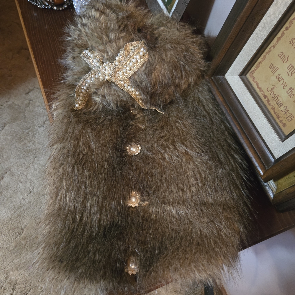 Faux Fur Dog Coat with Bow & Buttons